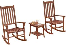 PrimeZone 3 Pieces Outdoor Rocking Chair Set with Side Table - Heavy Duty FSC Certified Acacia Wood Patio Conversation Chairs, High Back Weather Resistant Wooden Rocker for Porch, Backyard, Brown