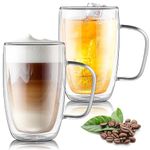 Joeyan Large Clear 500ml Double Walled Glass Coffee Latte Cappuccino Tea Mugs, 2 Layer Insulated Cup for Hot Cold Drinks, Thermal Drinking Glasses with Handle for Mulled Wine Beer Chocolate, Set of 2