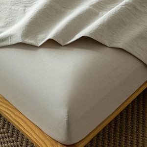 MooMee Fitted Bottom Sheet Only 100% Washed Cotton Linen Like Textured Breathable Durable Soft Comfy Deep Pocket (Tannish Linen Grey, Queen)