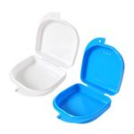 Qancekoo 2pcs Slim Orthodontic Dental Case with Vent Hole, Tight Snap Lock Mouth Guard Case Portable Dental Holding Boxes for Retainers, Bleaching Trays, Partial Dentures (Blue, White)