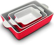 NutriChef 3-Piece Ceramic Casserole Dish for Oven - Premium Lasagna Baking Pans w/ Nonstick Coating & Built-In Handles - Dishwasher & Microwave Safe - 14" x 8", 10" x 6", 7" x 5" - Red