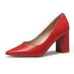 DREAM PAIRS Women’s High Chunky Closed Toe Block Heels Pointed Toe Wedding Party Elegant Slip On Pumps Shoes, Red/Pu, 7