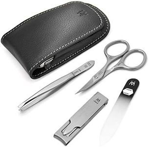 4pc Travel Manicure Kit German FINOX Stainless Steel: Flat French Nail Clipper, Combination Nail & Cuticle Scissors, Tweezer, Crystal Glass Nail File Set in Leather GERmanikure Solingen