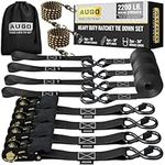 AUGO Ratchet Tie Down Straps –4 PK– 4.5m – 1000 KG Break Strength – Safety Lock S Hooks –for Moving Cargo, Appliances, Lawn Equipment, Motorcycle – Includes 2 Bungee Cords, 4 Soft Loops, Storage Bag