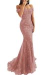 Women's Laces Prom Dress Mermaid Off The Shoulder Formal Dress Evening Party Gowns with Train, Dusty Rose, 16