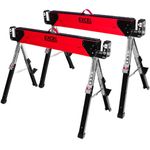 Excel Heavy Duty Steel Saw Horse Adjustable Twin Pack - Portable Folding Legs, Built-in Work Table, 8-Position Adjustable Legs, Carry Handle, Non-slip Rubber Feet, Sawhorse - Saw Bench - Workbench