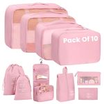 Oceanevo Set of 10 Pieces Packing Cubes Organiser for Travel, Travel Organizer Bags for Luggage, Suitcase includes 2 Drawstring Bags, Shoe Bag and Toiletry Bag with Hook - Set of 10 - Pink