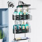 HapiRm Shower Caddy Hanging - Stainless Steel Shower Caddy over Shower Head with Anti-slip Rubber, Shower Shelf with 4 Hooks & 2 Soap Holder, Innovative-looking Shower Organizer Hanging for Shampoo