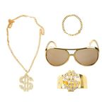 Rumyve Rap Accessories 80's 90's Fake Gold Bracelet Fake Dollar Sign Necklace Hip Hop Ring Hippie Glasses,4 Retro Hip Hop Fancy Dress Accessories Adult Disco-Themed Rave Party Supplies