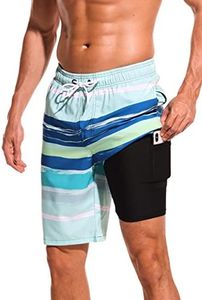 difficort Mens Swimming Trunks with Compression Liner Quick Dry Board Shorts Swimsuit with Zipper Pockets,Light Green+Blue,Small