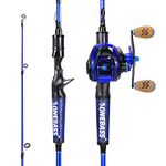 One Bass Fishing Rod and Reel Combo, IM7 Graphite 2 Pc Blank Baitcasting Combo, Spinning Rod with SuperPolymer Handle- 6' Casting Combo with Right Handed Reel- Blue