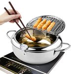 Kerilyn Depp Fryer Pot, 11 Inch/4.2 L Janpanese Style Tempura Frying Pot with Lid, 304 Stainless Steel with Temperature Control and Oil Drip Drainer Rack, for Kitchen French Fries, Chicken etc