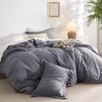 Bedsure 100% Washed Cotton Duvet Cover Queen - Dark Grey Minimalist Cotton Duvet Cover Linen Like - 3 Pieces Plain Simple Duvet Cover Set with 2 Pillow Shams (Dark Grey, Queen, 90"x90")