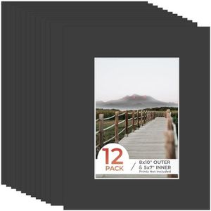 Frametory, 8x10 Black Pre-Cut Picture Mats for 5x7 Photos, Prints, Artworks - White Core Bevel Cut 4.5x6.5 Openings Acid Free Frame Mattes 1.4Mm Thickness - Pack of 12