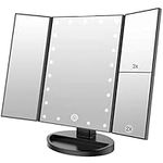 WEILY Makeup Mirror with 21 LED Lights,Two Power Supply Modes, Adjustable Touch Screen and 1x/2x/3x Magnification Tri-Fold Vanity Mirror, Gift for Women（Black）