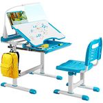 GYMAX Children's Desk and Chair Set, Height Adjustable Kids Table with Chair, Tilt Desktop, LED Light, Storage Drawer & Book Stand, Study Furniture Set for Girls Boys (Blue)