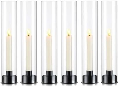 Glasseam Hurricane Black Candlestick Holders, Glass Cylinder Candle Holder Set of 6, Modern Tapered Candlestick Holders with Clear Chimney Shade, Tall Taper Candle Holder for Outdoor Wedding Christmas