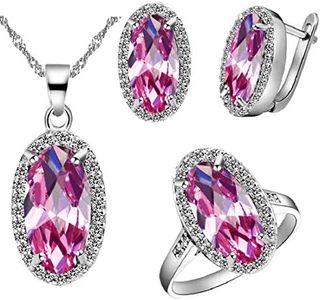 Uloveido Oval Pink Cubic Zirconia Stone Jewelry Ring Necklace Pendant and Earrings Set for Girls, Women Platinum Plated Jewelry Set for Mom Girlfriend Friend New Year Gift(Pink, Size 8) T482