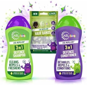 3 in 1 Head Lice Repellent Kids Shampoo & Conditioner With 8 Lice Repellent Hair Bands Included | Head Lice Repellent Defence Treatment | Contains Tea Tree for a Natural Repellent