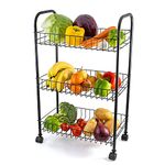 Vivo Technologies 3 Tier Fruit Vegetable Trolley Basket Rack Kitchen Storage with Wheels, Storage Rack with Organizer Baskets for Fruits, Vegetables, books, tools Storage, Black