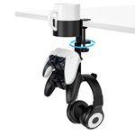 MoKo Game Controller Stand with Headset Holder, 3 in 1 Rotatable Desk Cup Holder with Headphone Hanger, Desktop Clamp Controller Holder for Xbox One/360, PS5, PS4, Switch, Steam, Black