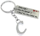 Aura Sweet Emotional Valentines Gift Drive Safe Message Keychain With Alphabet Initial For Men Women Girls Boys Friend Husband Wife Stainless Steel Metal Silver Keychain (C)