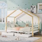 BTM Kids Single Bed Frames Toddler Beds, Single Bed With Storage Underneath 3FT Kids Single Bed with Storage Solid Pine Wood House Tree Canopy Bed for Children Girls and Boys toddler bed