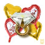 ITAF Set Of 5 pcs Birthday Party Anniversary Bachelor Valentine Proposal Engagement Theme Decoration Kit- 1 Diamond Ring Foil Balloons, 2 Red & White I love You Heart Foil Balloon, 2 Gold Heart Foil Balloons