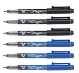 Pilot Pens V Sign Felt Tipped fineliner Liquid Ink Pen, Bold Point, Black & Blue Bundle, 6 Pen