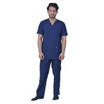 FRENCH TERRAIN® UNISEX LIGHT WEIGHT POLYESTER VISCOSE V-NECK MEDICAL SCRUB SUIT, TOP AND BOTTOM, IDEAL FOR DOCTORS, DENTISTS AND HEALTHCARE PROFESSIONALS, TOP WITH 2 POCKETS (2XL_NAVY BLUE)