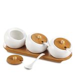 Mockery Porcelain Condiment Jar Spice Container with Bamboo Lids, Ceramic Spoons and Wooden Serving Tray, Pottery Cruet Pot for Sugar, Spice, Salt For Kitchen, Ceramic Seasoning Box Set (Set of 3)