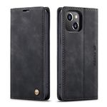 QLTYPRI Case for iPhone 15 6.1 inch, Vintage PU Leather Wallet Case Card Slot Kickstand Magnetic Closure Shockproof Folio Flip Book Case Cover for iPhone 15- Black