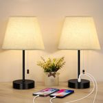 Bedside Table Lamps Set of 2 Small Nightstand Lamps with Dual USB Charging Ports Modern Desk Lamps with Fabric Lampshade for Bedroom, Living Room, Office