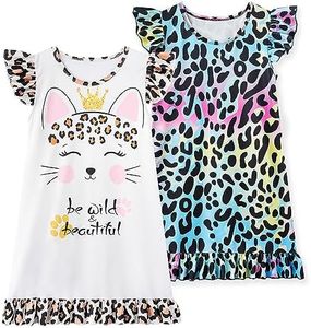 LQSZ Girls Nightgowns Leopard Nightdress Nightie Sleepwear Pajamas Flutter Short Sleeves Nightgowns for Girls 7 8t