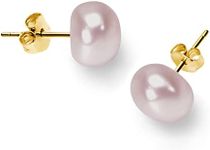 BURLAP LIFE Gold Plated 925 Sterling Silver Freshwater Real Button Pearl Stud Earrings Quality Pearl Earrings for Women, Purple Pearl 9mm-10mm