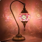 Turkish Moroccan Lamp with Bronze Base - Yarra Decor 3 Color Options Handmade Swan Neck Tiffany Mosaic Glass Bedside Lamps for Bedroom (LED Bulb Included)