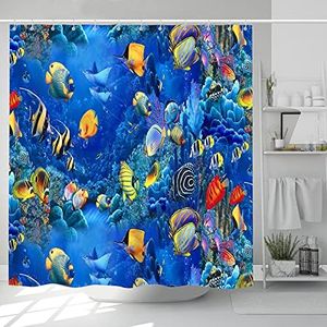 Underwater Shower Curtain Ocean Theme Tropical Fish Coral Animal Sea World Marine Life Print Pattern Kids Bathroom Curtain Set with 12 Hooks 72 x 72 inch Waterproof Fabric Boys Girls Bath Decor