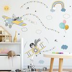 Pumkins Adorable Flying Airplane Bunny Rabbit Nursery Mural Wallpaper with Sun, Rainbow, Balloons, Happy Birthday Garland and Clouds Background Children's Bedroom, Playroom D�cor