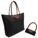 Tote Handle Bag,Lightweight Packable Stylish Handbag Foldable Zipper Travel shoulder Bag for Women-Black