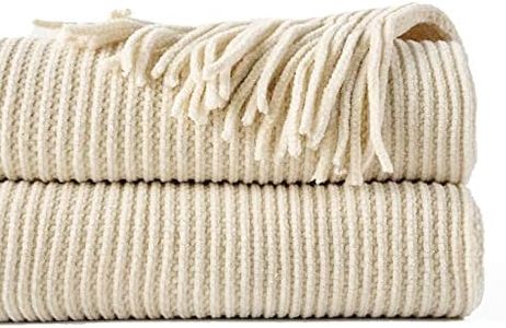 BATTILO HOME Beige Throw Blanket for Couch, Soft Chenille Knit Throws with Tassels for Home Decor, Spring Beige Throws for Couch Cover, 50"x60"