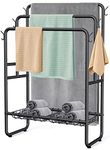 Kayfia 40" Tall Standing Towel Racks, 3 Tier Towel Stand Blanket Rack with 2 Removable Storage Baskets & 6 Hooks, Indoor Outdoor Freestanding Towel Racks for Bathroom Bedroom Organizer (Metal Black)