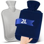 MUPAS Hot Water Bottle with Fleece Cover - 2L Large Leakproof Hot Water Bag - Soft Hot Water Bottle with Hand Pocket - for Hands, Feet, Shoulders, Neck, Abdomen, Legs (Blue)