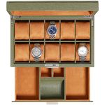 ROTHWELL 10-Slot Watch Box in Leather with Valet Drawer, Luxury Watch Case Display Organizer with Ultra Soft Microsuede Liner, Jewelry and Sunglass Holder With Large Glass top (Green/Tan)