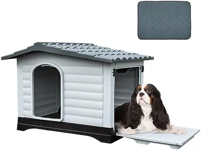 YITAHOME 36'' Large Double Door Dog House with Porch & Cushion, Outdoor Plastic Doghouse with Elevated Base, Easy to Install, Water-Resistant Pet House for Small Medium Dogs (36''L*27.1''W*26''H)