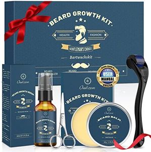 Kit Barbe Homme, Oukzon Kit Croissance Barbe, Coffret Cadeau Soins Barbe Homme Professionnel - Produit Barbe avec Rouleau Barbe, Huile Barbe, Baume Barbe, Ciseaux Barbe | Pousse barbe et Cadeau Homme