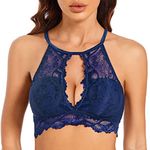 SHEKINI Women Sexy Hollow Out Lace Bralette High Neck Bra Padded Wireless Vest Crop Top, Deep Blue, Medium