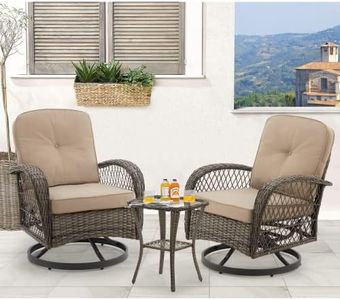 EROMMY 3 Pieces Outdoor Swivel Rocker Patio Chairs, 360 Degree Rocking Patio Conversation Set with Thickened Cushions and Glass Coffee Table for Backyard, Khaki