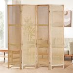 BMWEI 4 Panel Room Divider, Rattan Room Divider, 5.6 Ft Tall Foldable Wooden Room Divider, Folding Privacy Screens,Freestanding Room Divider for Home Office Bedroom Bathroom Dressing Room (Natural)