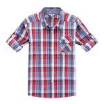 Bienzoe Boys Buttton Up Shirt: Kids Plaid Roll Up Collared Casual Cotton Shirts 11/12 Red/Blue