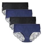 LIQQY Women's 4 Pack Mid Rise Cotton Lace Full Coverage Brief Hipster Panty Knickers Underwear (Black/Navy Blue, XX-Large)